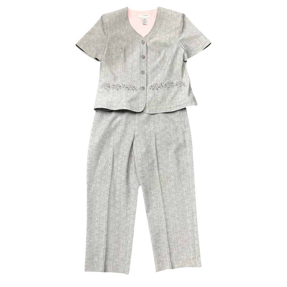 Sag Harbor Pant Suit Women 16 Grey Floral Embroidered Short Sleeve 2pc Wedding